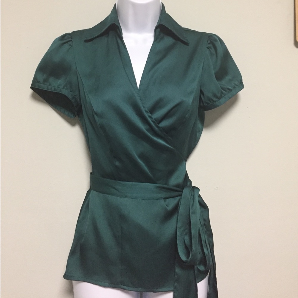 Satin teal green wrap blouse top